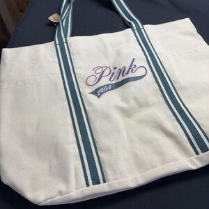 PINK Victoria's Secret Cream Tote with Teal Stripes